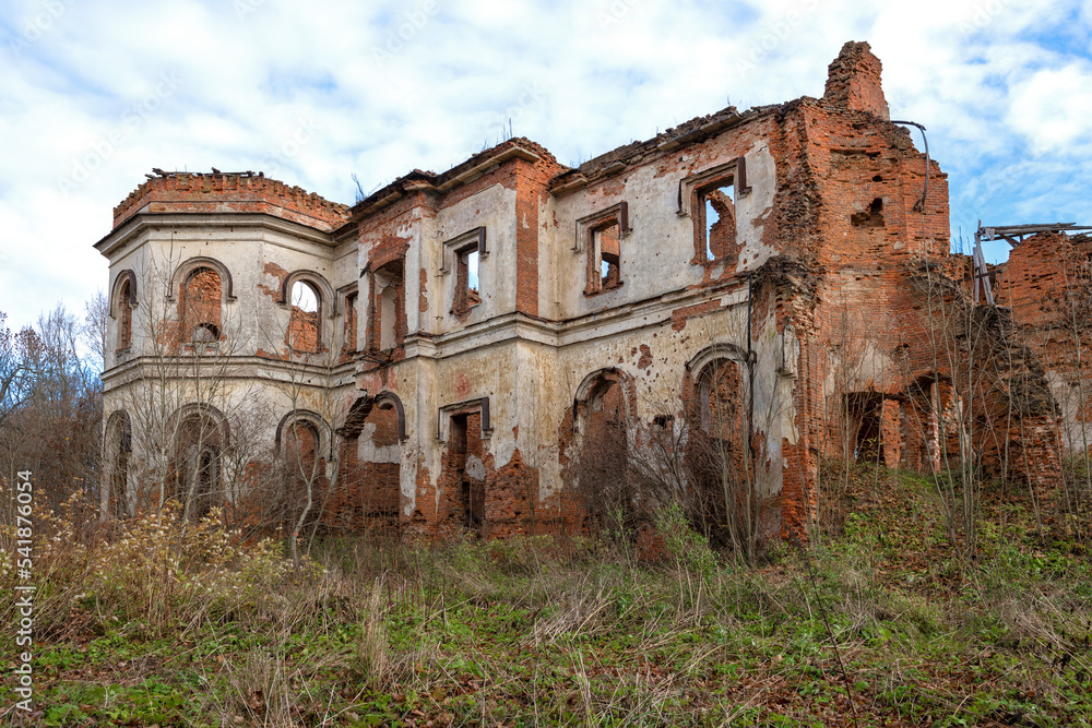 The ruins of the ancient Potemkin Palace (1845) in the village of Gostilitsy on a October afternoon. Leningrad region, Russia