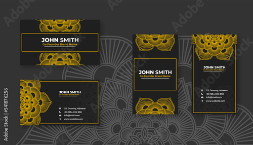Luxury black business card with yellow mandala decoration designs, Bright floral ornamental elements