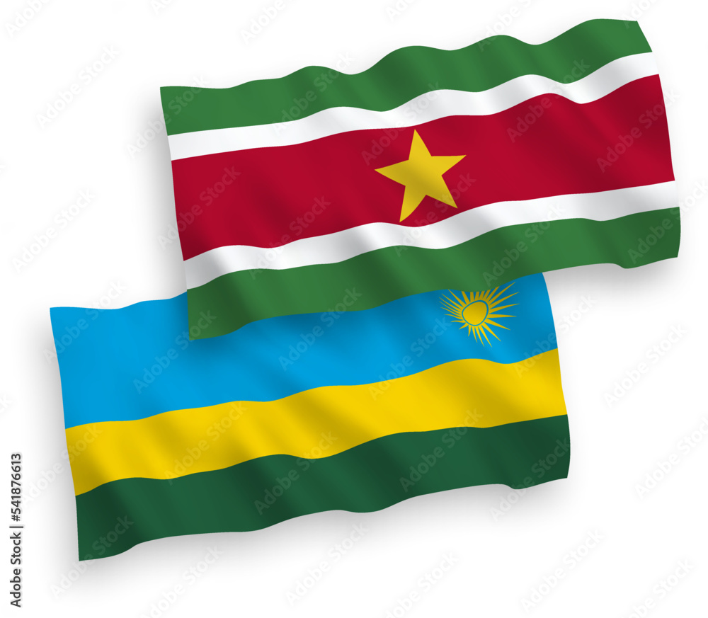 National vector fabric wave flags of Republic of Rwanda and Republic of Suriname isolated on white background. 1 to 2 proportion. National vector fabric wave flags of Republic of Rwanda and Republic of Suriname isolated on white background. 1 to 2 proportion.