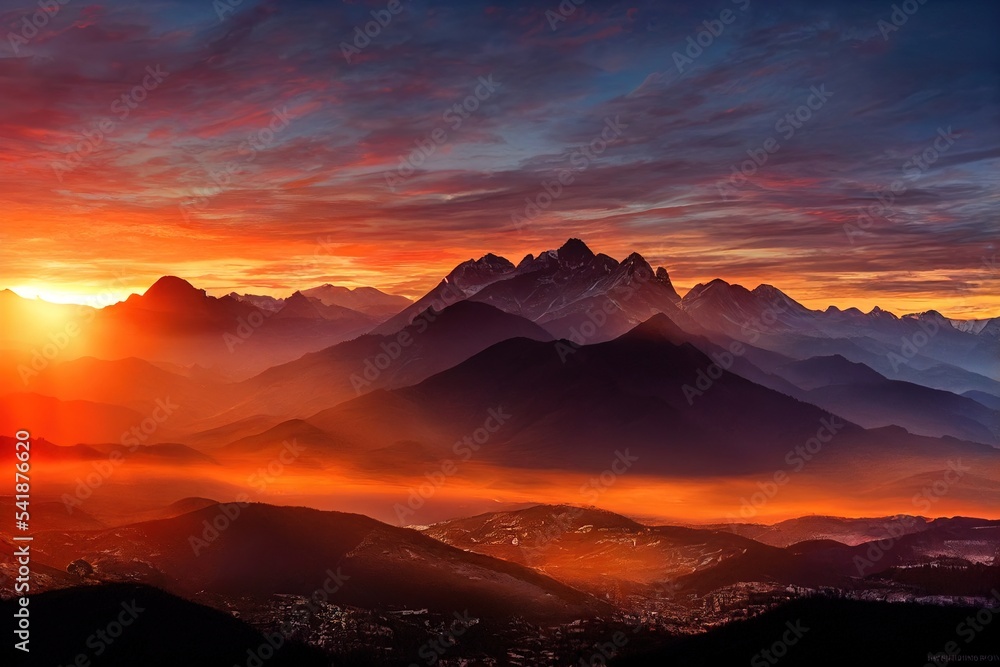 Beautiful photorealistic illustration of mountain landscape at sunset, Ai generated