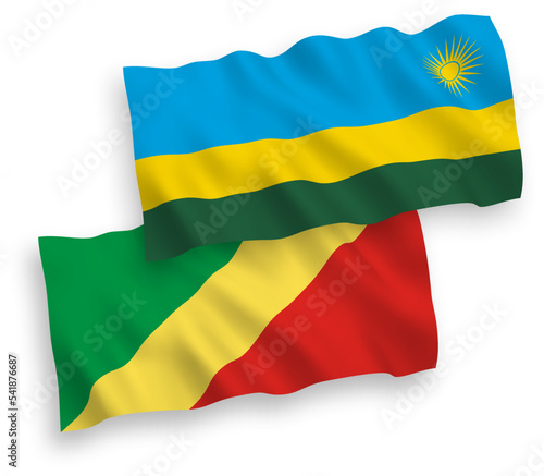 National vector fabric wave flags of Republic of Rwanda and Republic of the Congo isolated on white background. 1 to 2 proportion.