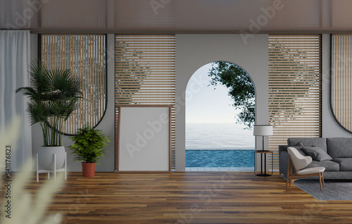 3D mockup blank photo frame in living room rendering