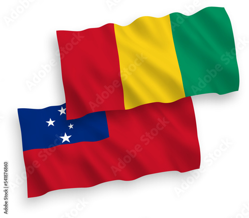 National vector fabric wave flags of Independent State of Samoa and Guinea isolated on white background. 1 to 2 proportion.