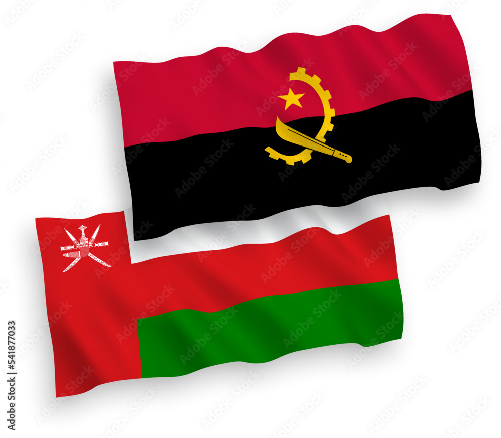 National vector fabric wave flags of Sultanate of Oman and Angola isolated on white background. 1 to 2 proportion. National vector fabric wave flags of Sultanate of Oman and Angola isolated on white background. 1 to 2 proportion.