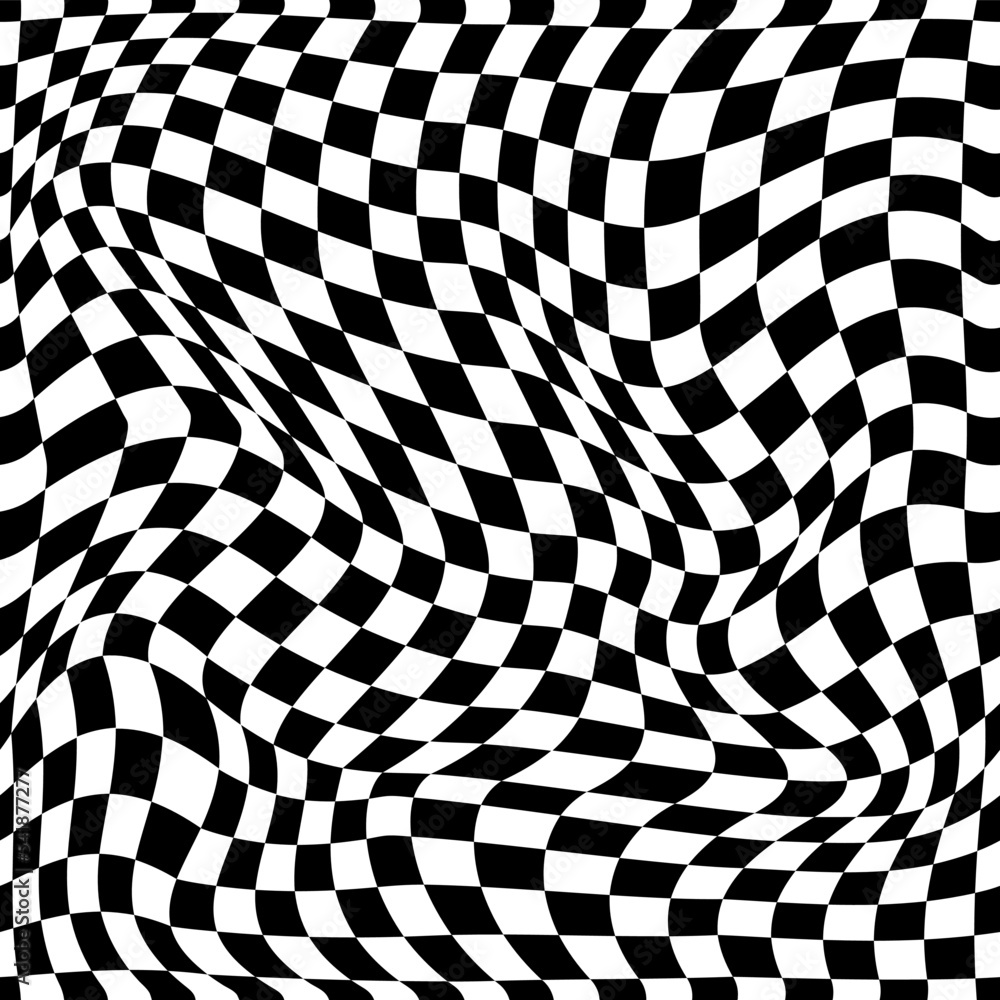 Optical illusion. Warp black pattern. White chessboard. Repeated mesh. Monochrome grid print with distorted twirls and waves. Checkered wallpaper. Vector seamless current background Optical illusion. Warp black pattern. White chessboard. Repeated mesh. Monochrome grid print with distorted twirls and waves. Checkered wallpaper. Vector seamless current background