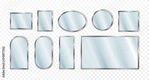 Glass mirrors set, reflect frames different form, round and square or oval. Silver surface, realistic interior decor objects. Bathroom or bedroom furniture vector isolated neoteric elements