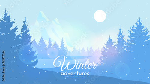 Vector illustration. Snowy weather. Natural tree silhouettes. Mountain with sun on backdrop. Flat style.