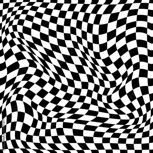 Optical illusion. Warp black pattern. White chessboard. Repeated mesh. Monochrome grid print with distorted twirls and waves. Checkered wallpaper. Vector seamless current background