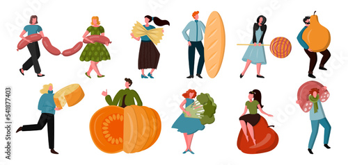 People eat food, men and women hold huge cheese, vegetables and fruits. Girl with candy snacks, healthy pasta and sausage. Cartoon characters. Vector current illustration background