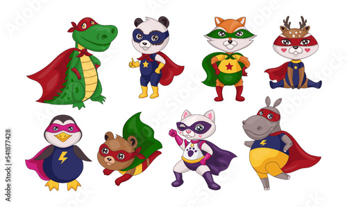 Superhero animals. Comic heroic characters. Cat boy in colorful costume. Super baby mouse and bear. Flying and playing fox girl. Crocodile in cape. Kids heroes set. Vector cartoon design