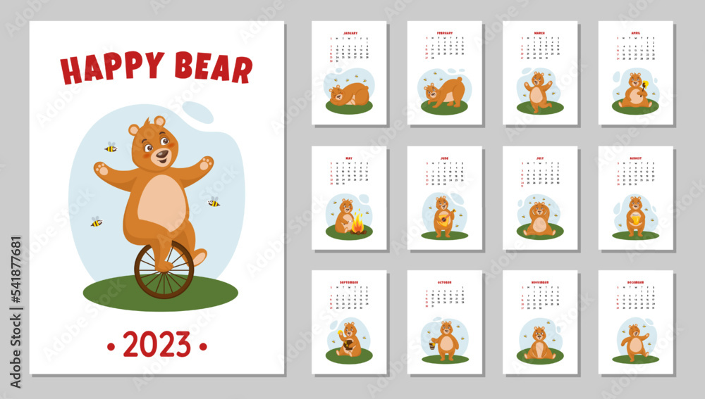 Fototapeta premium Smile bear calendar. Grizzly character. Heart pattern. Funny business family 2023 planner pages set. Kids paper frame. Love gift. Predator with honey and bees. Vector design background