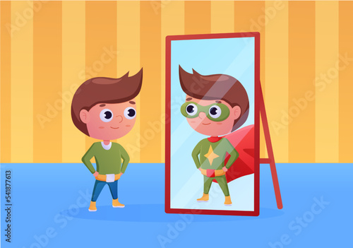 Boy looking at mirror. Child personal growth. Confidence kid mindset. Superhero power. Teenager reflection. Heroic costume. Teens imagination. Inner ambitions. Vector flat recent concept