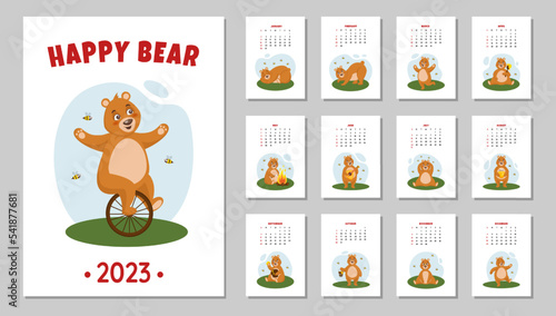 Smile bear calendar. Grizzly character. Heart pattern. Funny business family 2023 planner pages set. Kids paper frame. Love gift. Predator with honey and bees. Vector design background