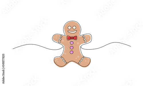 Gingerbread cookies christmas border. One continuous line drawing of baked ginger bread man, tree, house, sock. Line art background, border.