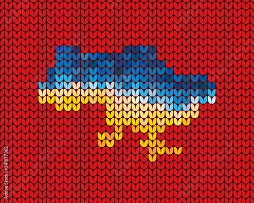 Vector map of Ukraine drawn on a knitted background in national colors