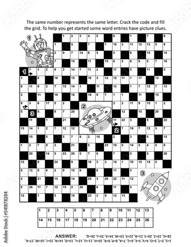Codebreaker (or codeword, or code cracker) crossword puzzle or word game with about 8 outer space exploration themed words and 3 picture clues. Answer included.
