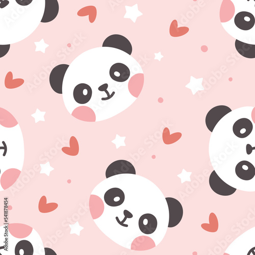 Fototapeta Naklejka Na Ścianę i Meble -  Girly cute pink panda with hearts and stars seamless pattern background, kids colorful asian bear wrapping paper, fabric and textile vector print.