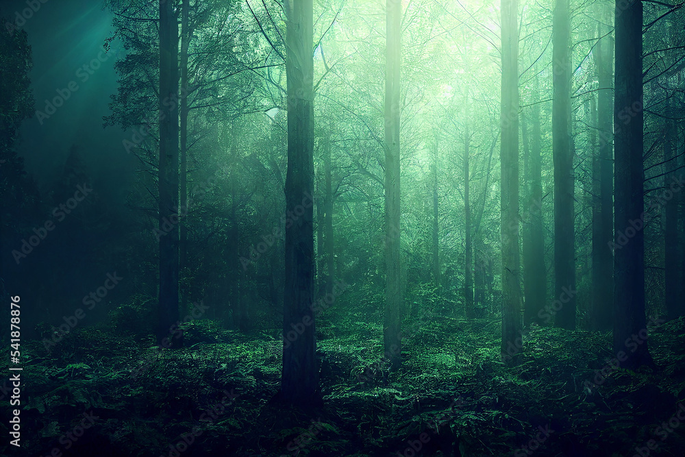 Fototapeta premium Epic forest landscape back light foggy scene with no people 