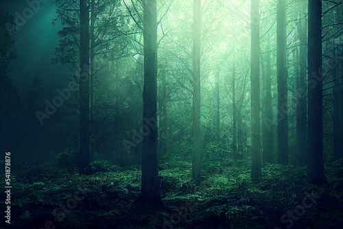 Epic forest landscape back light foggy scene with no people 