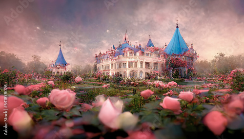 Victorian-style royal palace that looks like it was from a fairy tale. Spectacular fantasy luxury and majestic palace with beautiful garden of blossoms plants and flower. Digital art 3D illustration.