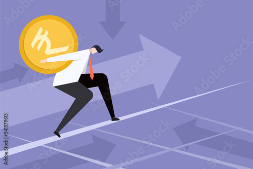 A businessman carrying a rupee coin and moving up against various market forces