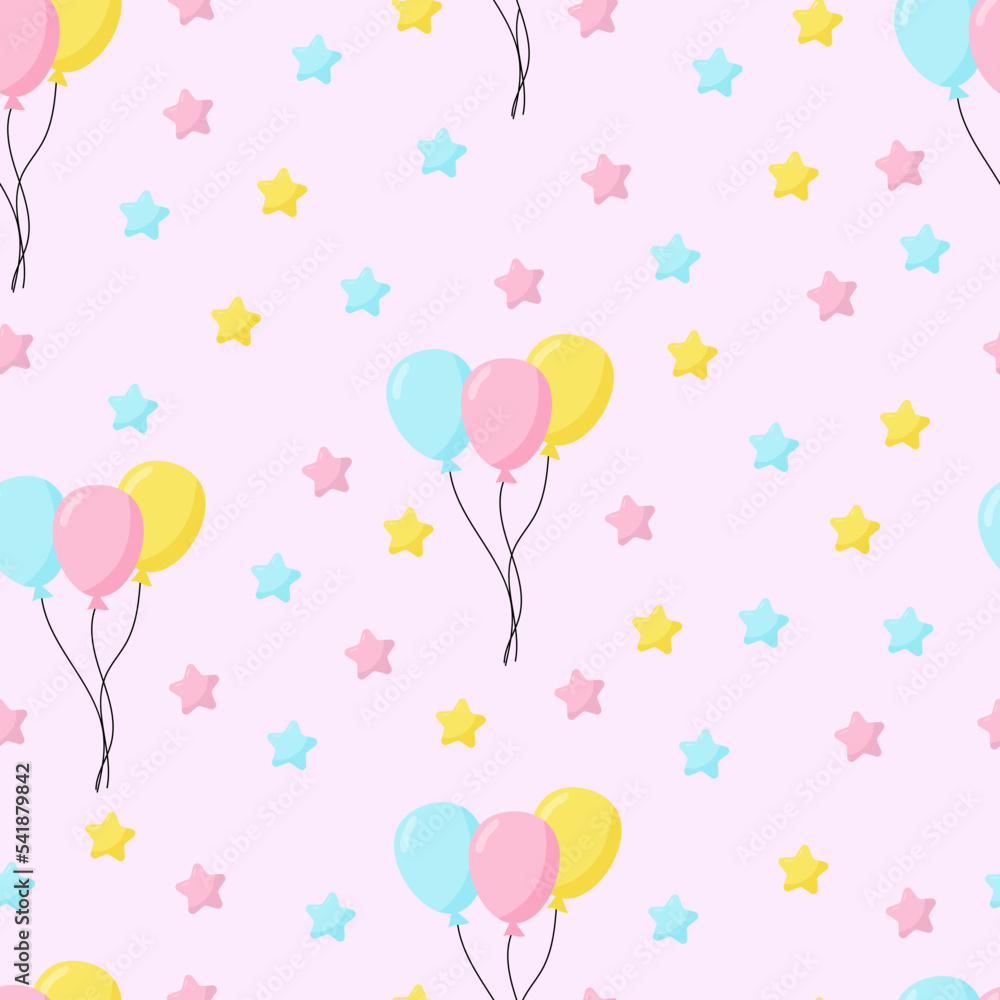 Seamless  background with party balloons of different colors ideal for baby shower.Air balloons vector seamless pattern.  Design for home decor, textile, kitchen decor. Pink background