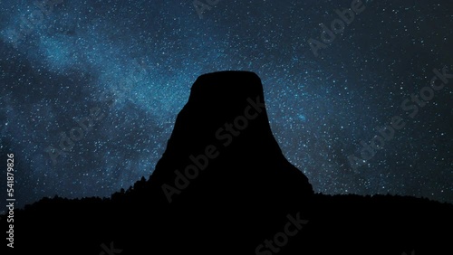 Devils Tower National Monumen By Night, Time Lapse with Stars and Milky Way in Background, Wyoming, USA
