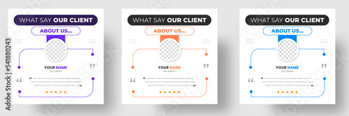 Customer feedback testimonial social media post web banner template. client testimonials social media post banner design template with purple, blue and yellow color.