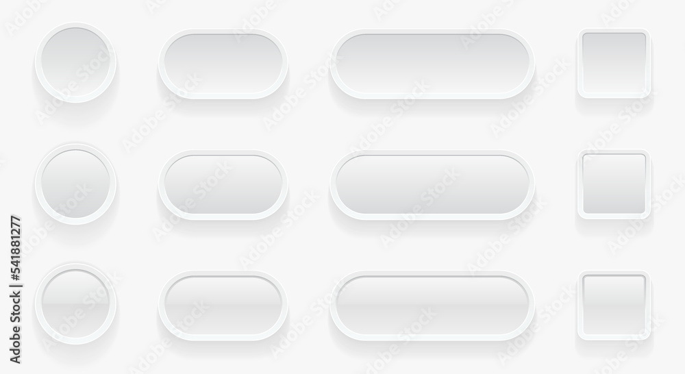 White buttons for user interface, simple 3d modern design for mobile, web, social media, business.  White gray color minimal style UI icons set, editable vector illustration.
