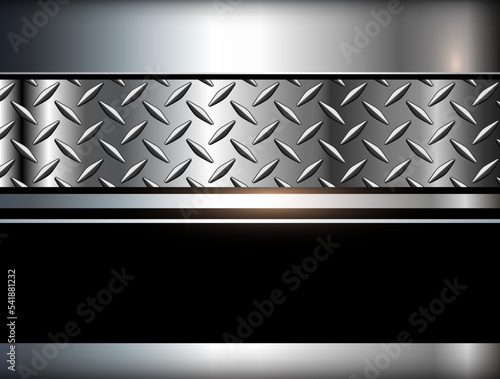 Metallic silver black background, 3d metal shiny chrome with diamond plate texture