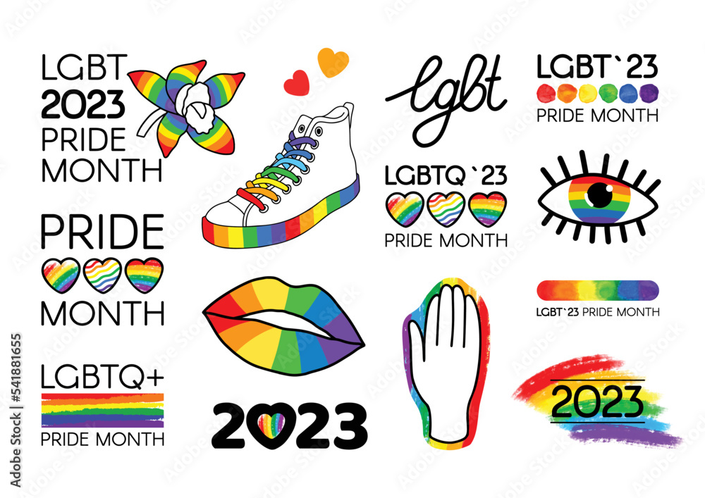 LGBT Pride Month 2023 Pack. Brush stroke LGBT flag, logos, symbols, icons, and stickers.