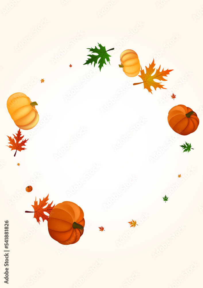 Green Leaf Background Light Vector. Red Pumpkins Border. Yellow Gourd Nature Set. Plant Fall. Graphic Card.