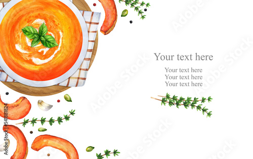 Pumpkin cream soup with space for text. Watercolor illustration