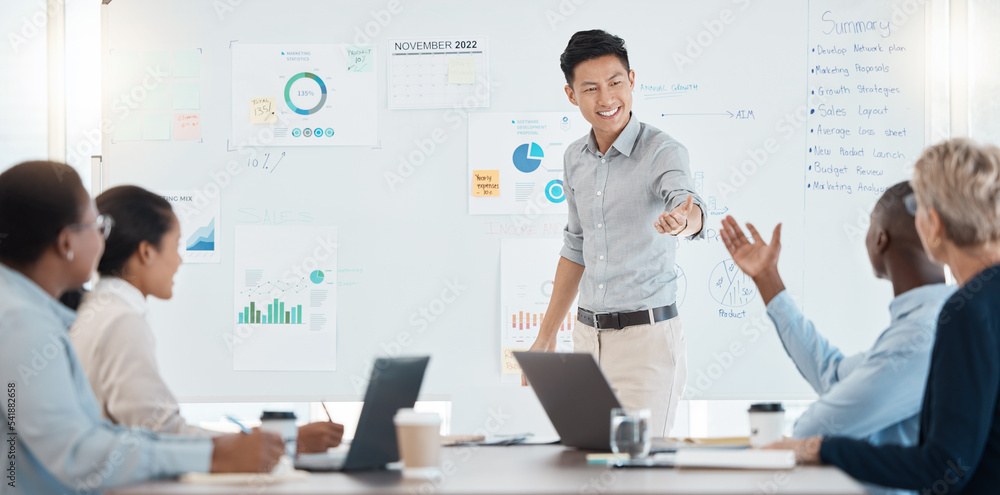 Presentation, question and goal of people in marketing office for company planning or training. Whiteboard, statistics and strategy of happy marketer team with thoughts, diversity and ideas. Presentation, question and goal of people in marketing office for company planning or training. Whiteboard, statistics and strategy of happy marketer team with thoughts, diversity and ideas.