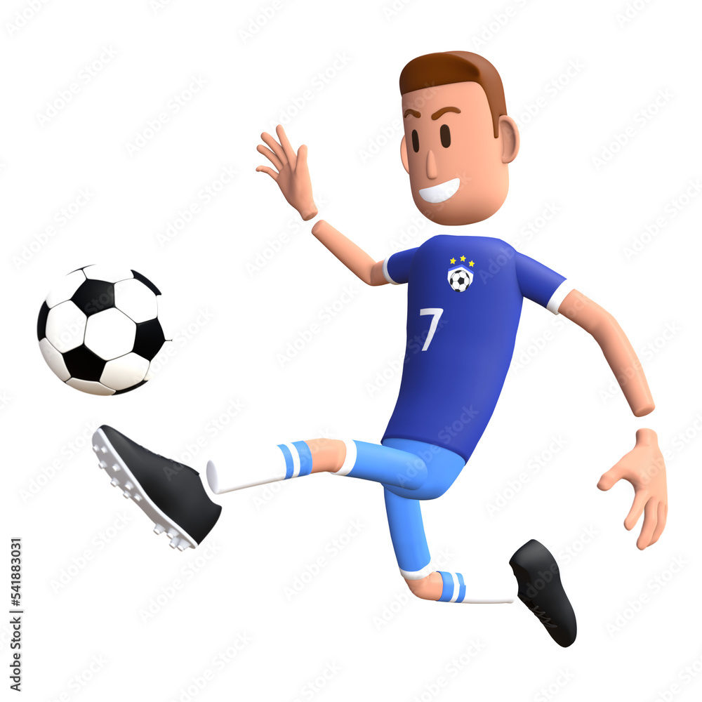 Soccer player 3D character. Football player kick the ball 