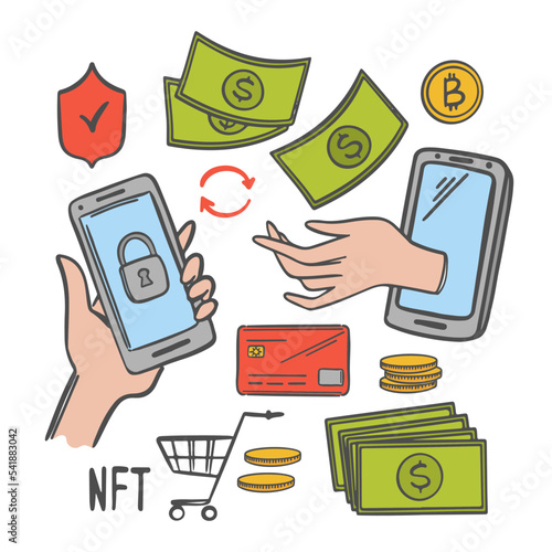 E COMMERCE COLOR Set Online Selling Of Arts And Musical Works For Cryptocurrency Network Internet Technology For Trade Marketplace With Non-fungible Token