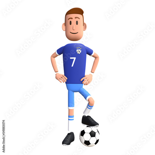 Soccer player 3D character. Football player kick the ball 