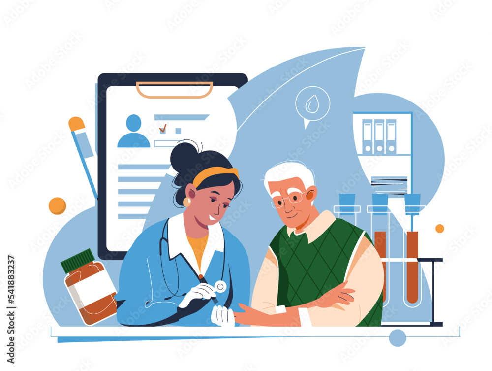Diabetes control and healthcare concept. Doctor checking blood sugar level in an elderly man, using insulin pen vector cartoon illustration. Doctor giving consultation for blood state control. Diabetes control and healthcare concept. Doctor checking blood sugar level in an elderly man, using insulin pen vector cartoon illustration. Doctor giving consultation for blood state control.
