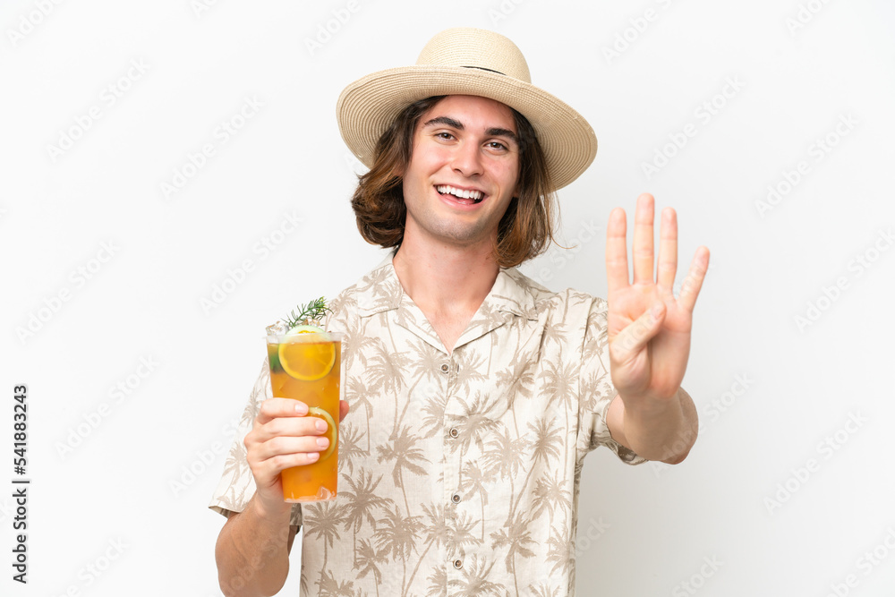 Young handsome man holding a cocktail isolated on white background happy and counting four with fingers Young handsome man holding a cocktail isolated on white background happy and counting four with fingers