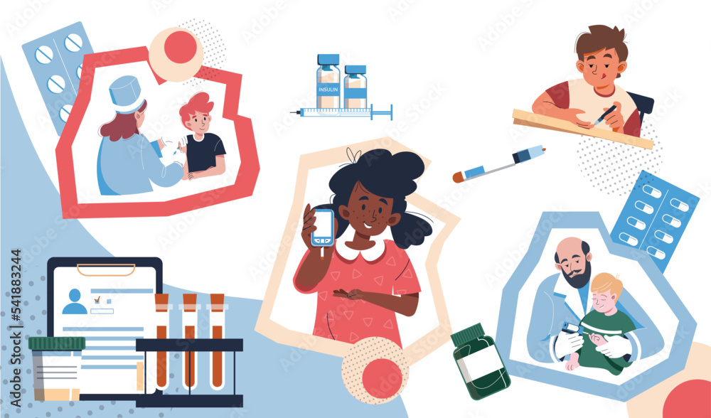 Diabetes in children vector illustration. Doctor checking blood sugar level in a child, boy or girl, testing blood for glucose using insulin pen or glucometer concept. Diabetes control and healthcare.