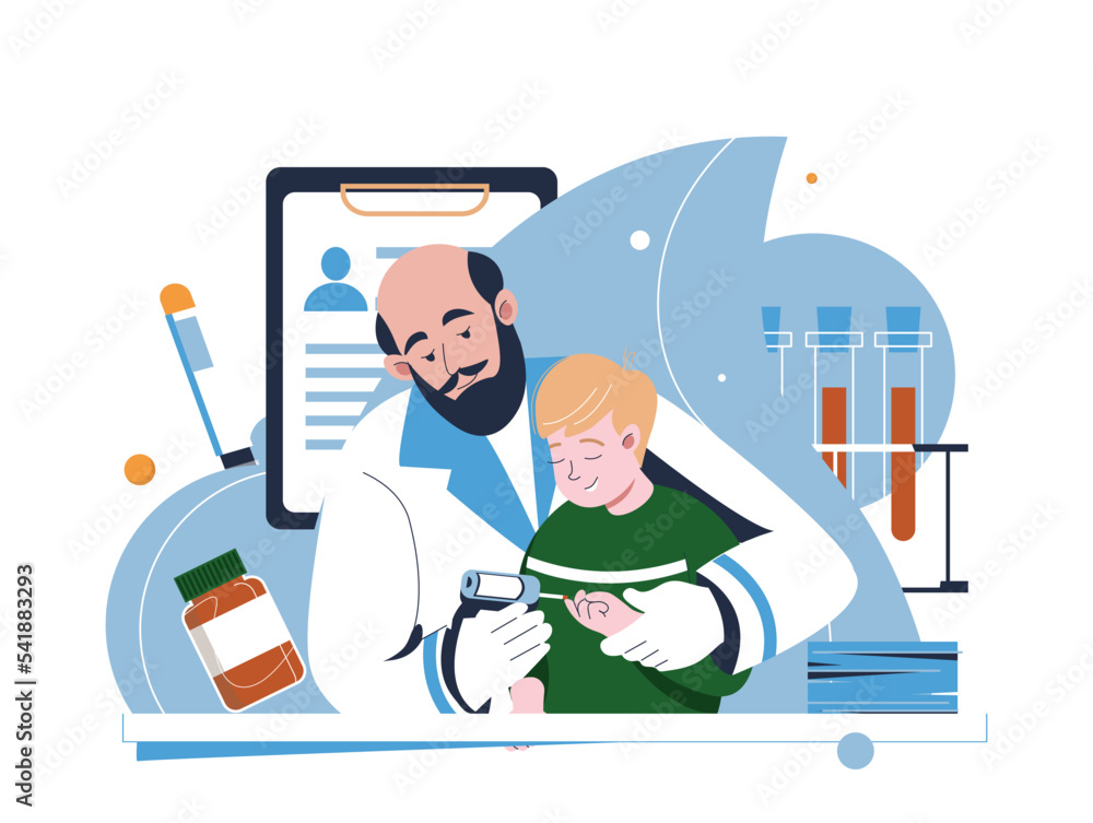 Diabetes children control and healthcare concept. Doctor checking blood sugar level in a child, using digital glucometer with finger for blood state control vector illustration. Diabetes consultation.