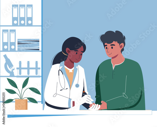 Diabetes control and healthcare concept. Doctor checking blood sugar level in a man, testing blood for glucose using insulin pen concept vector illustration. Laboratory equipment, syringe. 
