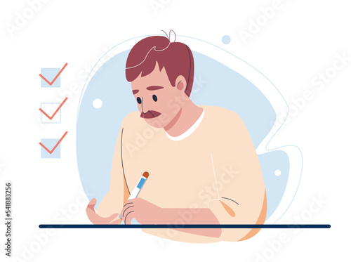 Diabetes control and healthcare concept. Cartoon character man using insulin pen with finger for blood state control vector illustration. Male character checking blood sugar level. Diabetes treatment
