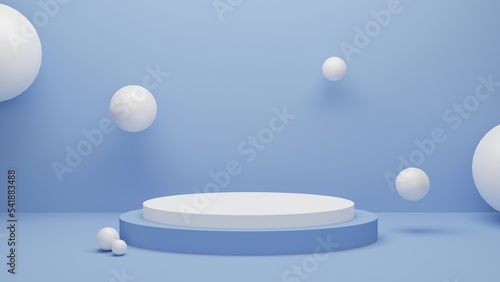White podium or White circle platform with White ball around on Blue Backdrop and the Studio bright lighting, Concept of Minimal and clean for placing products, 3D rendering image. © aiinue