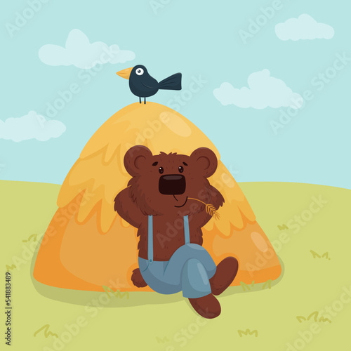 Vector illustration of a bear in blue pants sitting near a haystack and holding a blade of grass in his mouth