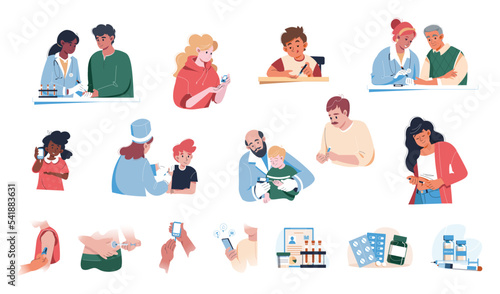 Diabetes vector illustration set. Collection of people with diabetes, taking insulin injection in belly, finger, shoulder with diabetic pen. Doctor and patient check blood sugar level with glucometer.