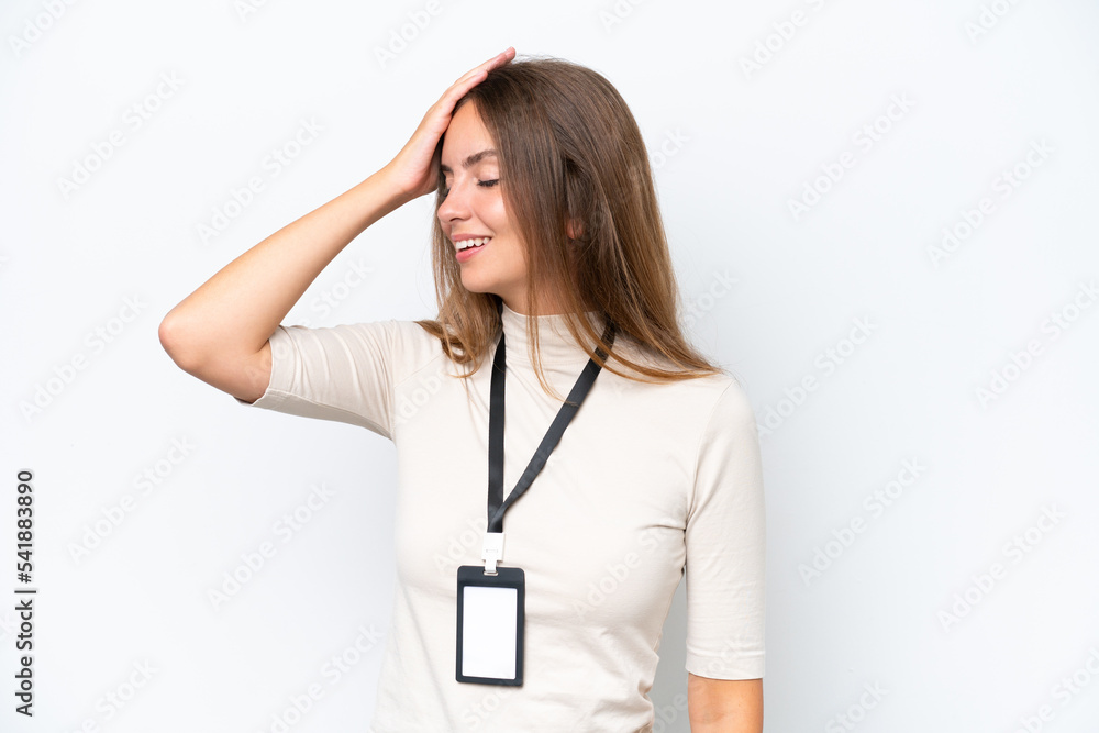 Young pretty woman with ID card isolated on white background smiling a lot Young pretty woman with ID card isolated on white background smiling a lot