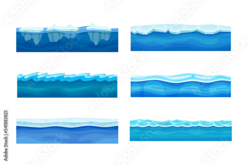 Blue wave layers set. Wavy borders, river, sea or ocean blue liquid surface vector illustration