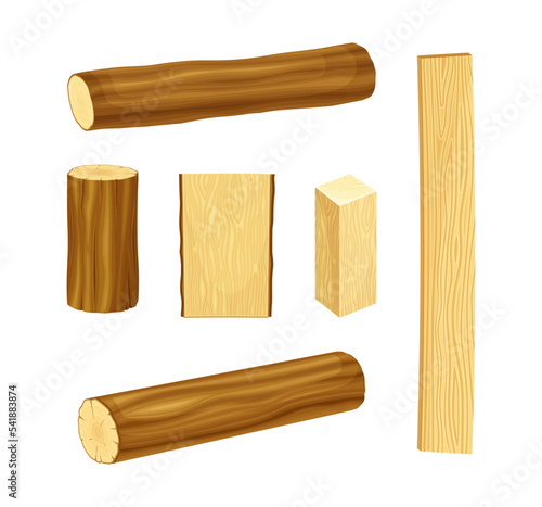 Set of wood lumber industry materials. Tree trunks, logs, planks. Hardwood timber materials vector illustration