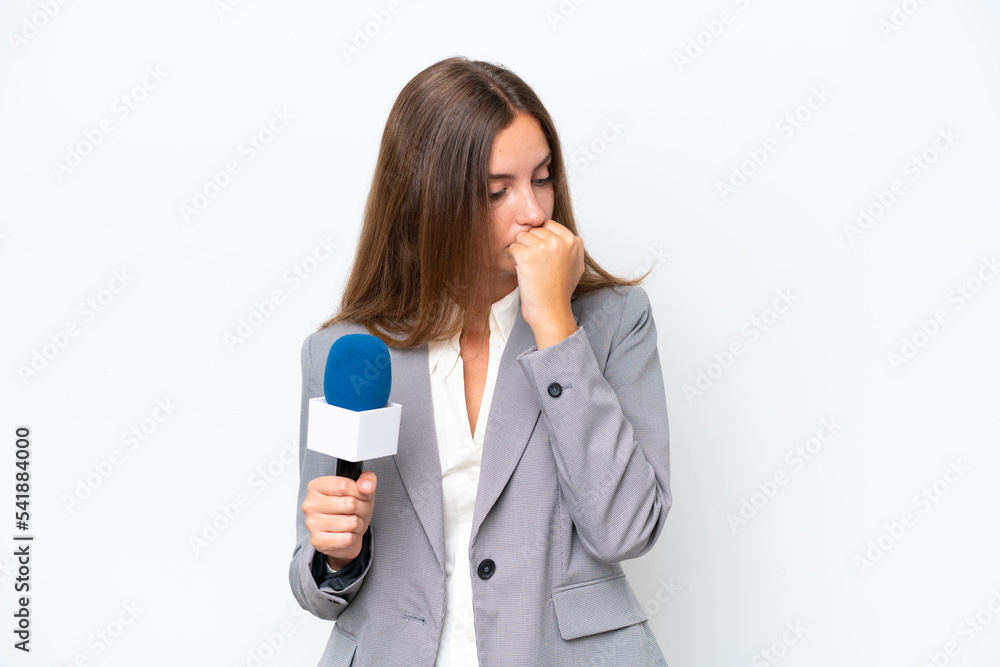 Young TV presenter caucasian woman isolated on white background having doubts Young TV presenter caucasian woman isolated on white background having doubts